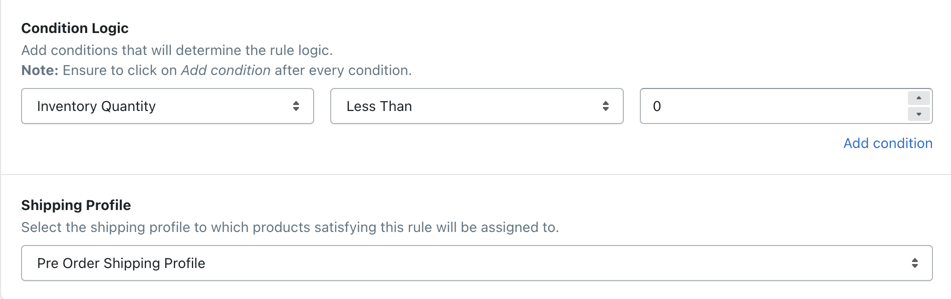 Rule for assigning in-stock products to in-stock shipping profile