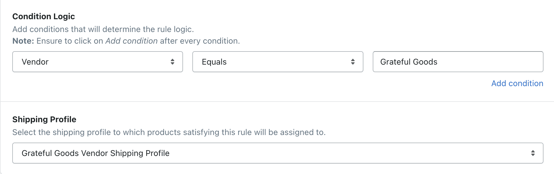 Rule for assigning vendor-specific products to vendor-specific shipping profiles